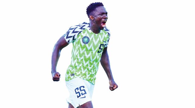 , 201906Nigerias defender Kenneth Omeruo celebrates his goal during the 2019 Africa Cup of Nations CAN football match between Nigeria and Guinea at the Alexandria Stadium on June 26 2019