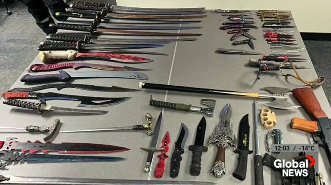 Click to play video: Cache of knives, swords, axes and other weapons found at Edmonton encampment