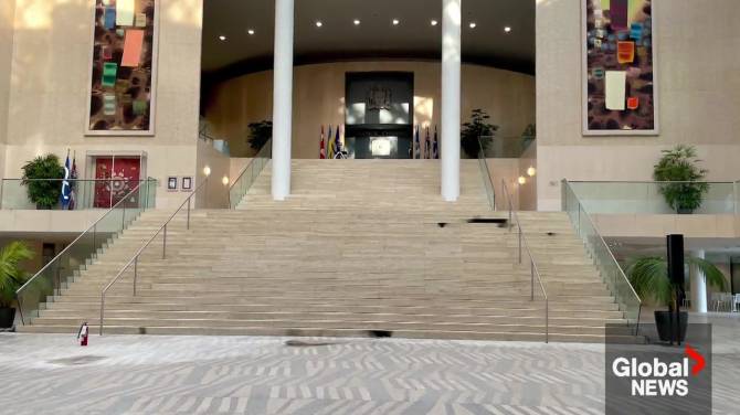 Click to play video: Tour of Edmonton City Hall after damage from shooting