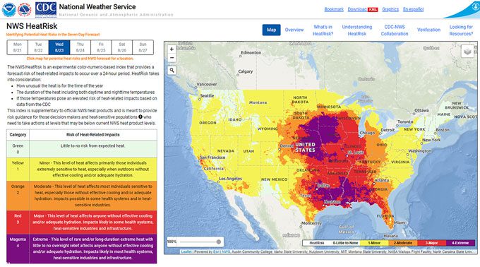 A map of the United States colored yellow, orange, red and magenta. These colors forecast health risk based on heat.